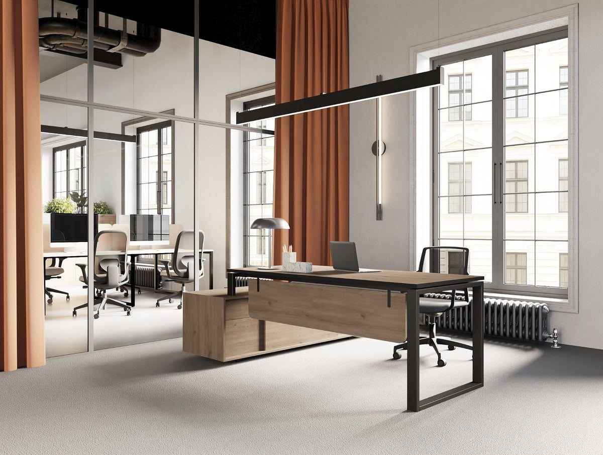 Profil Executive Table with Side Credenza Storage in Oak Finish with Vela Ergonomic Chair and Contour Ergonomic Chair and Key Bench Desk and Light Desk Screen in Modern Office Setting
