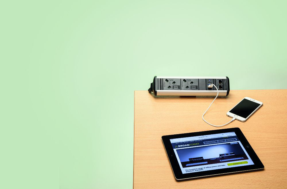 Protea 2 No UK Socket On Desk Power Module Attached in a Table