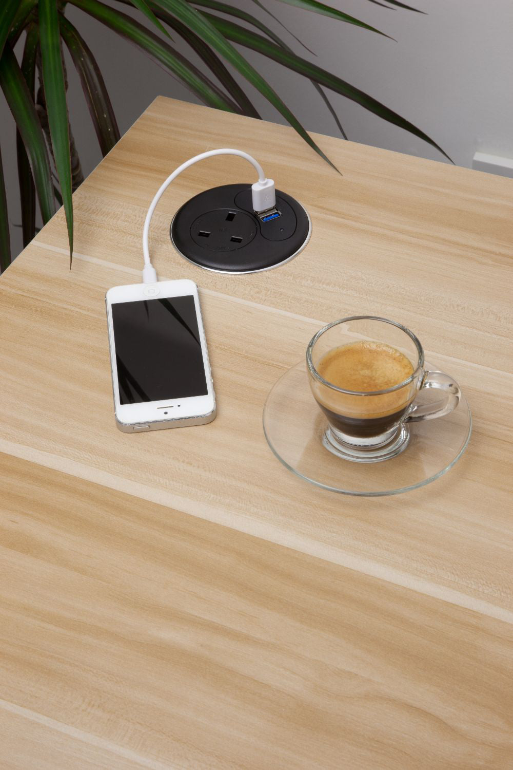 Punto Plus 1 UK Socket In Desk Power Module Black Attached in the Table