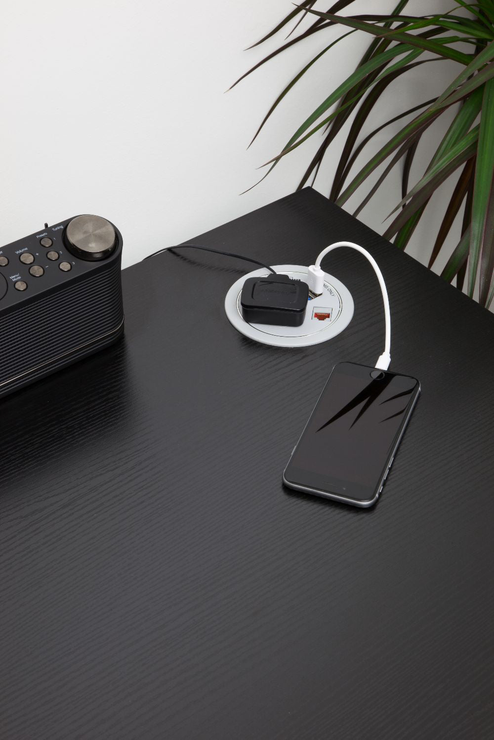 Punto Plus 1 UK Socket In Desk Power Module Grey Attached in the Table