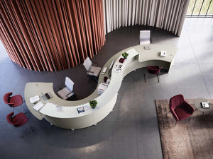 Quadrifoglio Reception Glass With Red Armchair And Black Top Small Coffee Table In Reception Setting