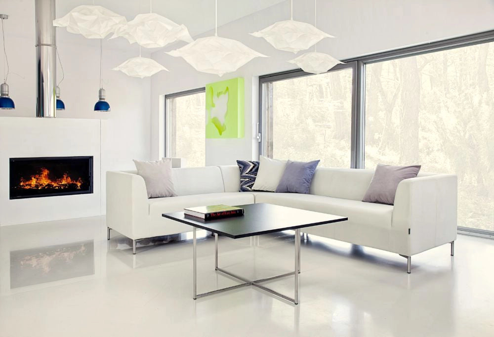Quick Square Reception Table with Black Top with White Sofa in Living Room Setting