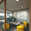 Quick Square Reception Table with Yellow Modular Pouffe and Blue Lounge Armchair