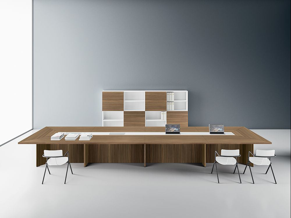 Rectangular Meeting Room Table in Oak Finish with Two Toned Chair in Modern Office Setting