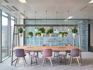 Relic Cloud Outdoor Themed Meeting Room Table With White Frame And Natural Table Finish And Hanging Plants