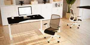 RoundE Bamboo Sit Stand Desk with Brown Mesh Back Chair and White Storage Cabinet in Modern Office Setting