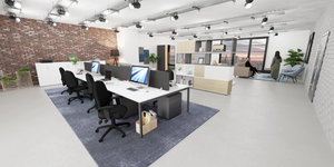 Sestri Meeting Room Chair with Castors with White Top Bench Desk and White Side Filing Cabinet in Modern Office Setting