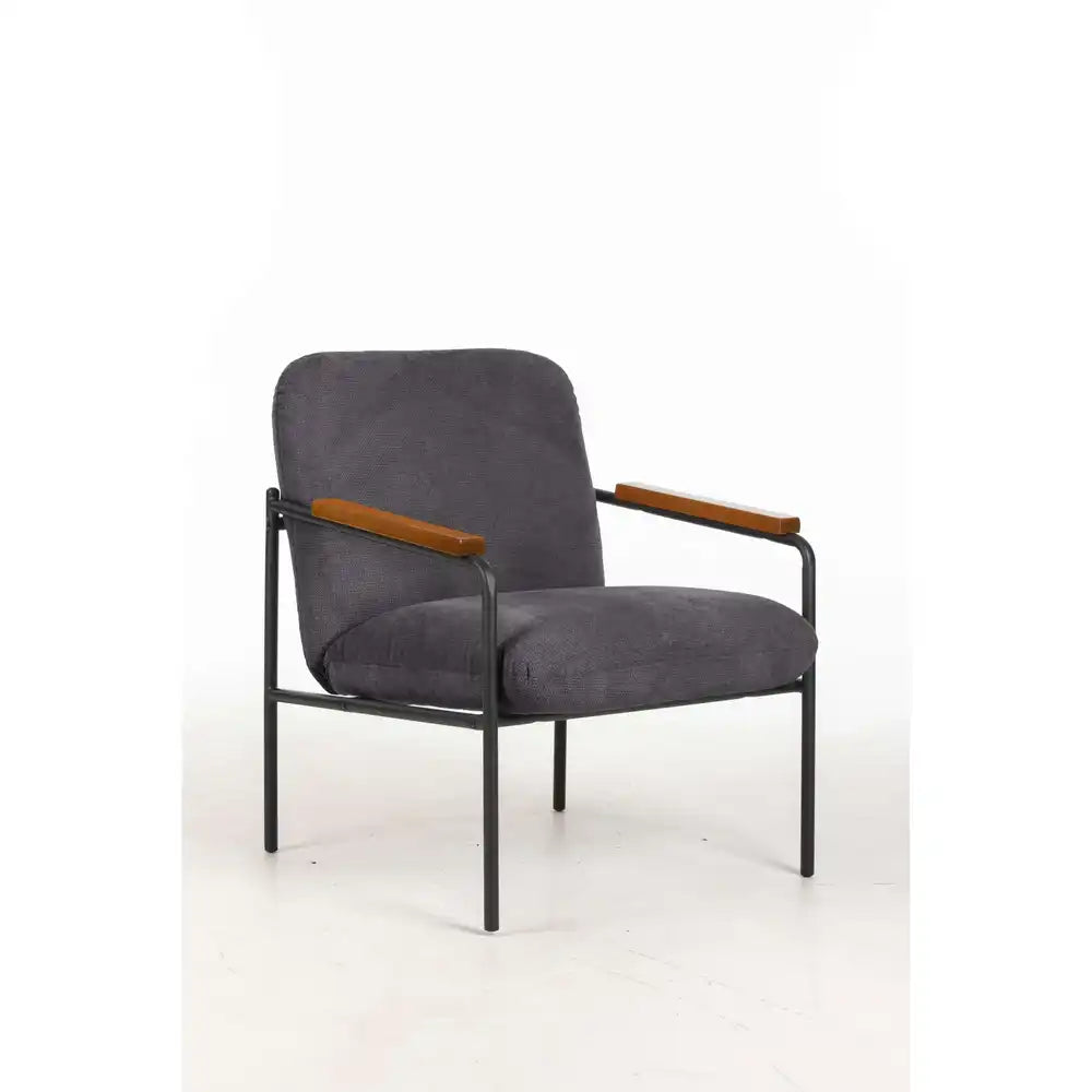 Settle Reception Chair with Wooden Arm Pads in Black Wire Frame - Grey Fabric/Dark Brown