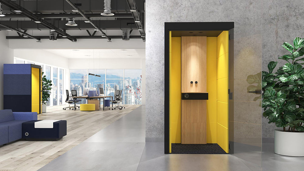 Narbutas Silent Room S Phone Booth In Red Fabric Interior Finish With Office Armchair And Blue Mobile Pouf In Reception Setting