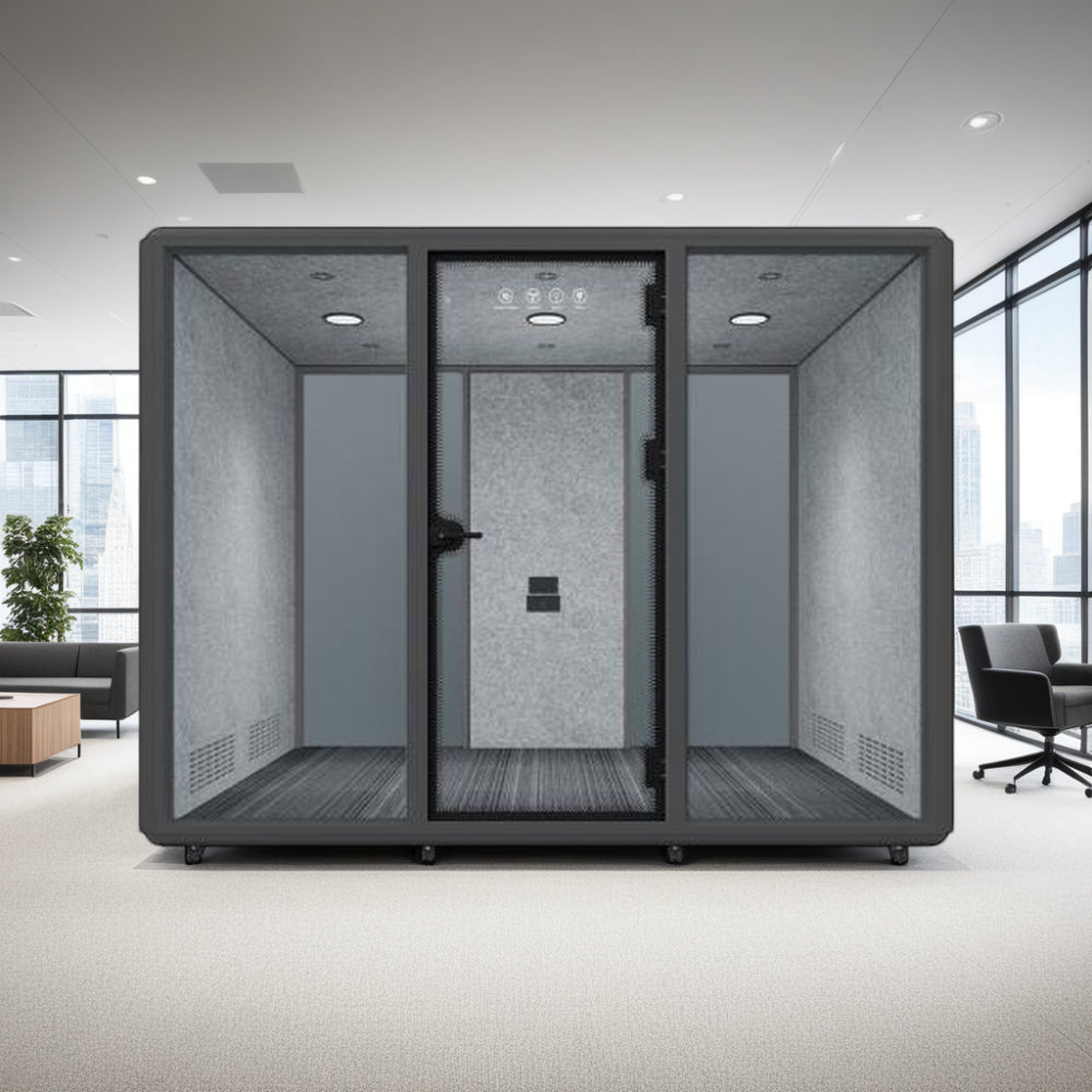 Silentium 6 Person Meeting Pod Slate Grey with Black Armchair and Wooden Coffee Table in Modern Office Setting