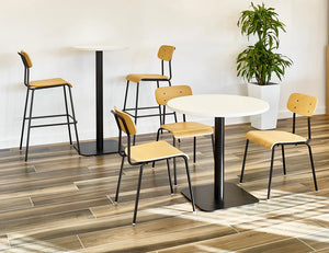 Solo Stool With Plyform Seat And Back In Oak Finish With White Round Table And White Plant Pot