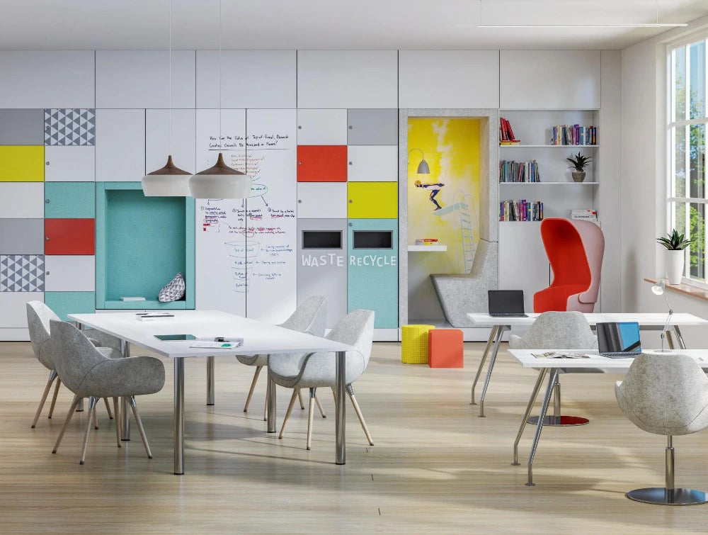 Spacestor Osborne Meeting Table 7 In Rectangular Variant With Grey Armchair And Ceiling Light