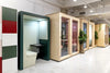 Spacestor Portals Individual Working Space in Dark Green Finish with Meeting Booths and Colourful Lockers