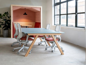 Spacestor Railway Carriage Wooden Framed Acoustic Meeting Pod in Light Pink Interiors with Light Blue Top Table and White Office Armchair