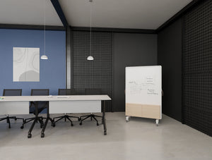 Spry Mobile Wall with Whiteboard and MFC Panel in White Frame with Twister Tilt Table in White with Modesty Panel and Gravity Conference Mobile Table in Meeting Room Setting