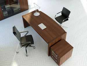 Status Executive Office Bow Front Desk with Pedestal Glass Storage in Lowland Nut Finish and Black Chair