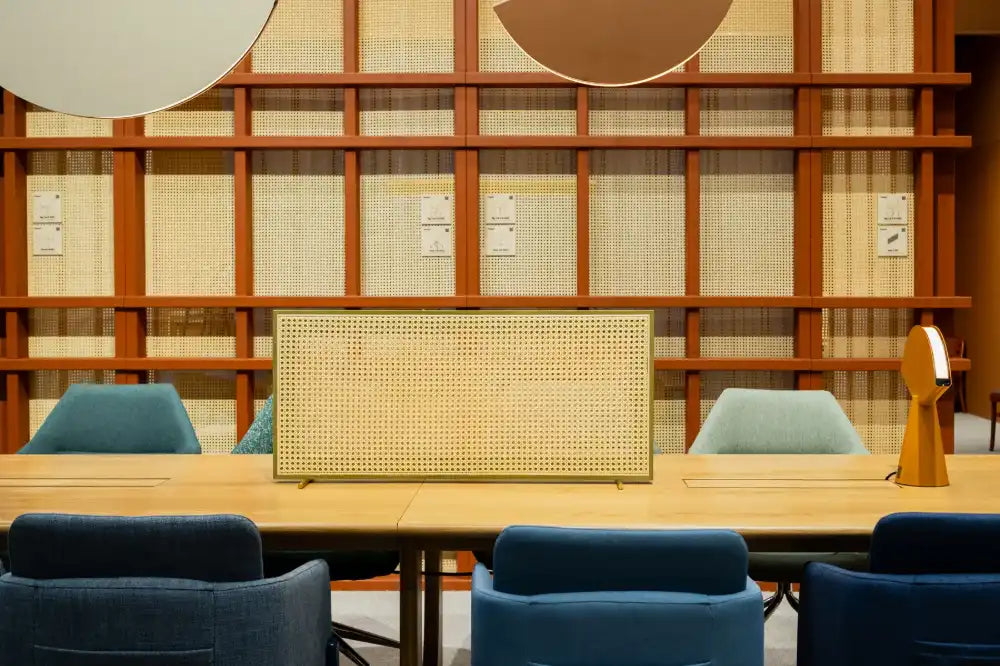 Sund L Wooden Meeting Room Table with Desk Screen and Chairs in Modern Office Setting