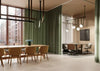 Sund L Wooden Meeting Room Table with Mobile Chairs and Acoustic Ceiling Light in Modern Office Setting