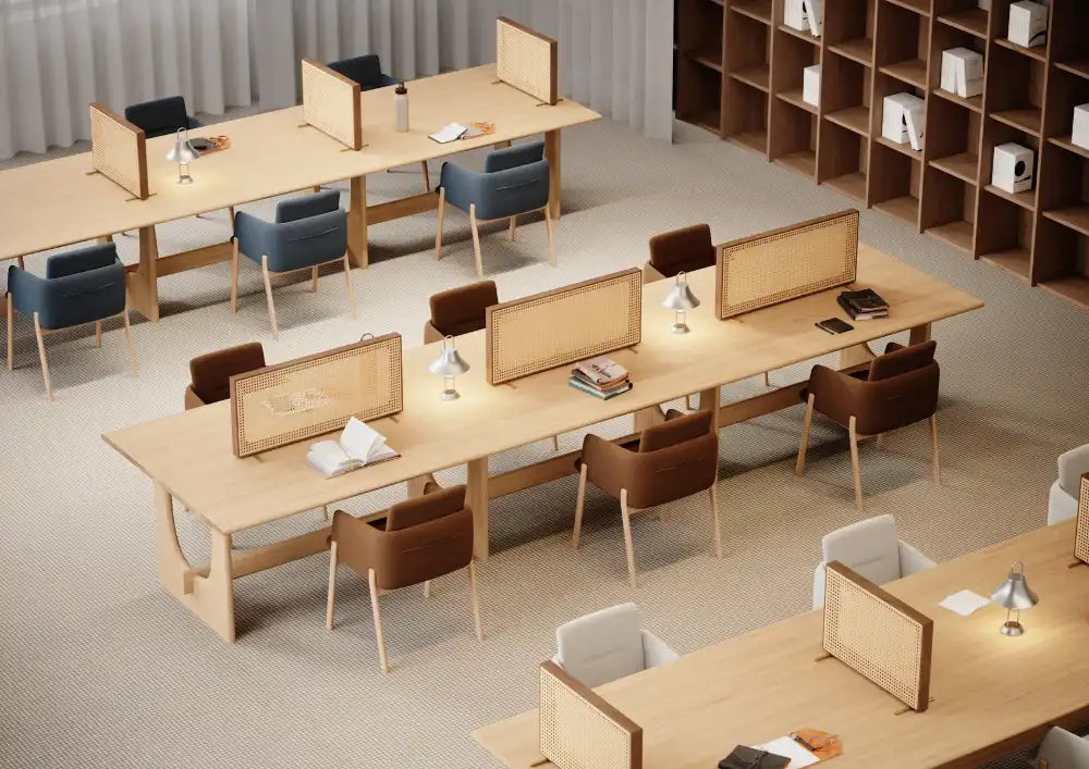 Sund L Wooden Meeting Room Table with Tub Chairs and Desk Screen in Modern Office Setting