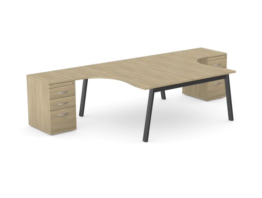 Switch 2 Person Radial Desk and Desk High Pedestal with A Leg in Light Oak and Black Finish