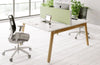 Switch Design 2 Person Bench Desk in White Top with Grey Mesh Back Armchair and Light Green Desk Screen in Modern Office Setting