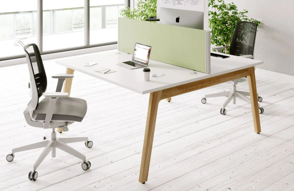 Switch Design 2 Person Bench Desk in White Top with Grey Mesh Back Armchair and Light Green Desk Screen in Modern Office Setting