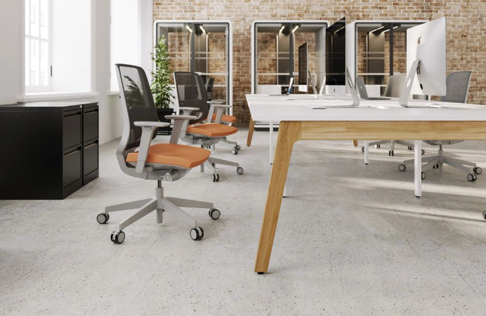 Switch Design 2 Person Bench Desk with Mesh Back Armchair and Closed Metting Pod in Modern Office Setting 2