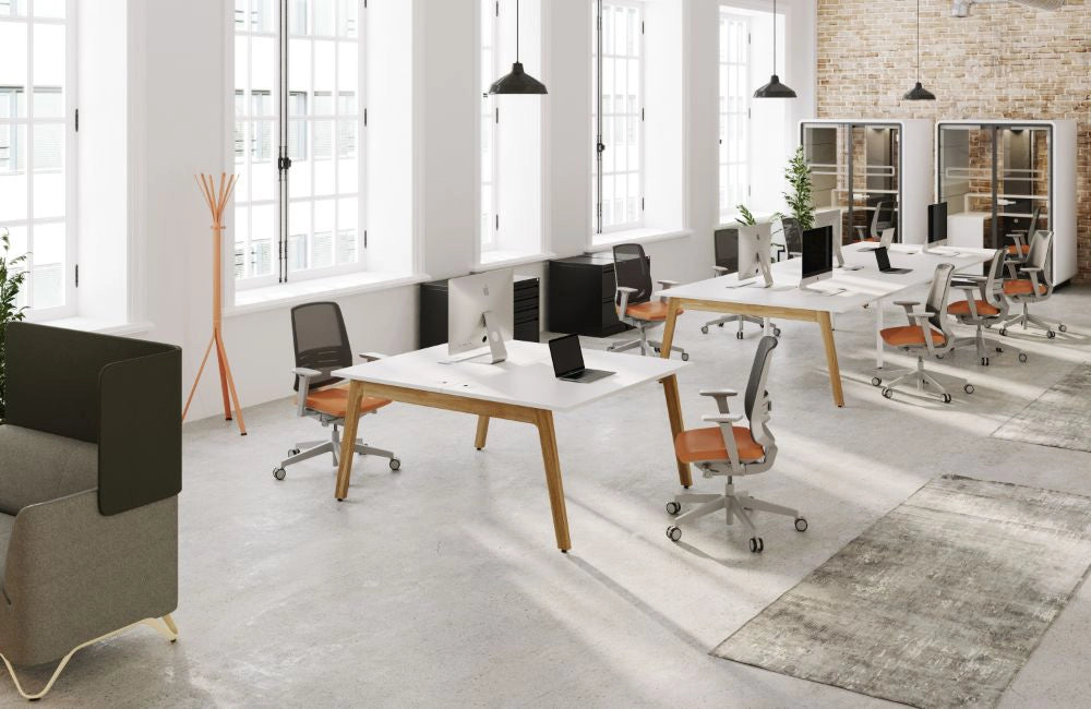 Switch Design 2 Person Bench Desk with Mesh Back Armchair and Closed Metting Pod in Modern Office Setting 3