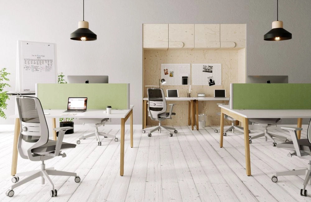 Switch Design 2 Person Bench Desk with Mesh Back Armchair and Green Desk Screen in Modern Office Setting