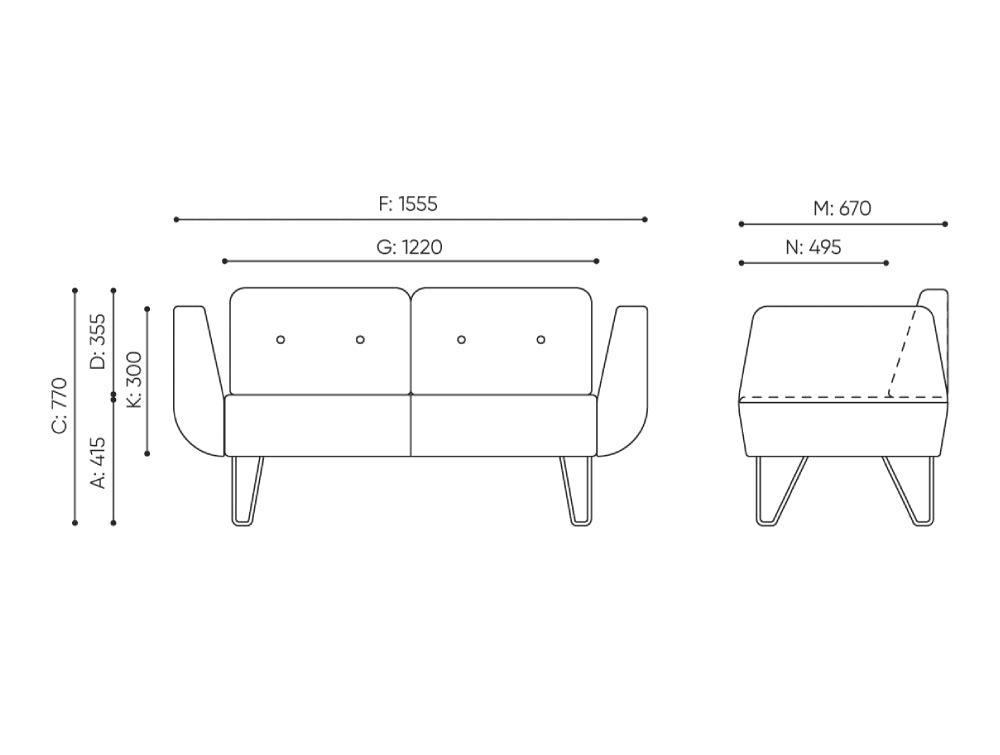 U Floe 2 Seater Upholstered Sofa Dimensions