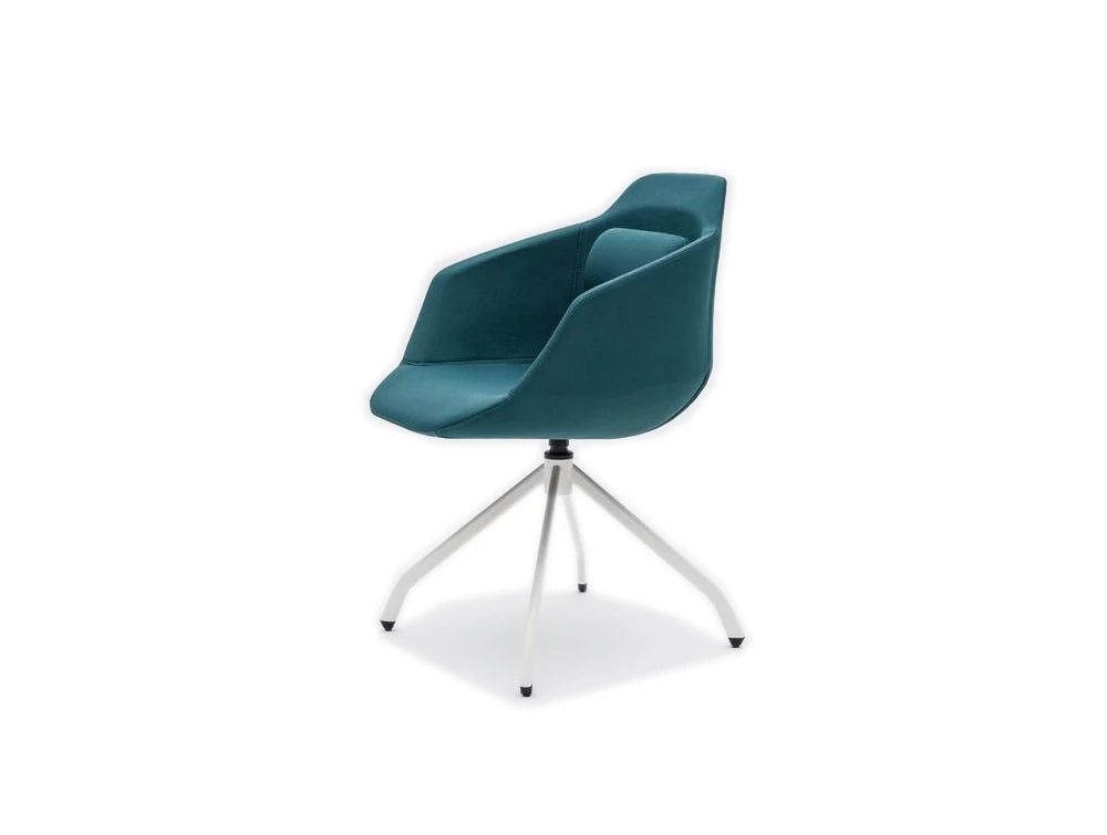 Ultra F Armchair with Blue Upholstered Finish and White Metal Base