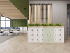 Uno Locker and Planters with Key Bench Desk and Light Desk Screen with Galen Meeting Room Chair in Modern Office Setting