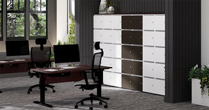 Uno Locker in Two Toned Finish with Swivel Armchair and Meeting Room Table in Office Setting