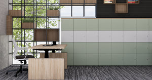 Uno Orbital Lock 4 Level Locker with Ionic Zoning System and Levo Plus Sit Stand Desk and Gesture Mobile Chair in Modern Office Setting