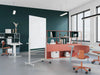 Visi Mobile Whiteboard 5 with Pink Shelving Storage Unit and Grey Meeting Table in Modern Office Setting