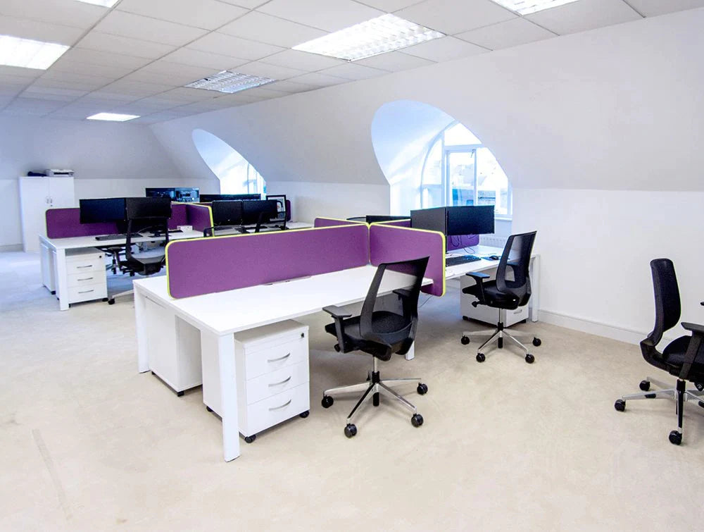 White Desks With Black Mesh Chairs And Purple Desk Dividers