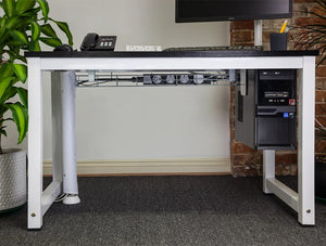 Wire Cable Basket Under White Desk With Black Power Module Beside Cpu With Holder