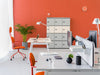 Wooden Locker Standard Cabinets with Bench Desk and Indoor Plant in Modern Office Setting