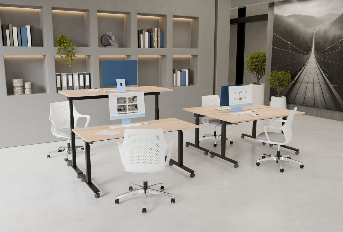 WsD Mara Mobile and Tilting Height Adjustable Table with Gesture Five Star Castors Meeting Room Chair and Indoor Plant in Modern Office Setting