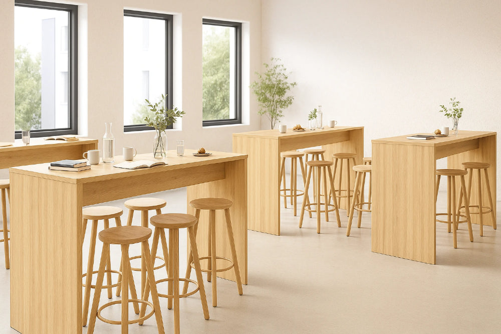 WsD Nestro Wooden Canteen Hightop Table with Round High Stools in Cafeteria Setting