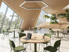 WsD Nexis Plus Cylinder Squircle Base Table with Round Table Top with Line Chair in Modern Cafeteria Setting