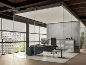 WsD Profil Executive Desk with Credenza in Black Finish with Executive Chair and Round Cylinder Based Table 2