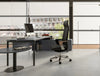 WsD Profil Executive Desk with Credenza in Black Finish with Executive Chair and Round Cylinder Based Table