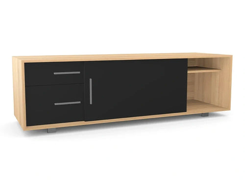 Profil Executive Table with Side Credenza Storage in Oak Finish with Vela Ergonomic Chair and Contour Ergonomic Chair and Key Bench Desk and Light Desk Screen in Modern Office Setting