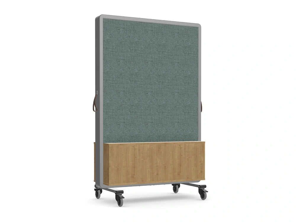 Spry Mobile Wall with Whiteboard and MFC Panel in White Frame with Twister Tilt Table in White with Modesty Panel in Meeting Room Setting