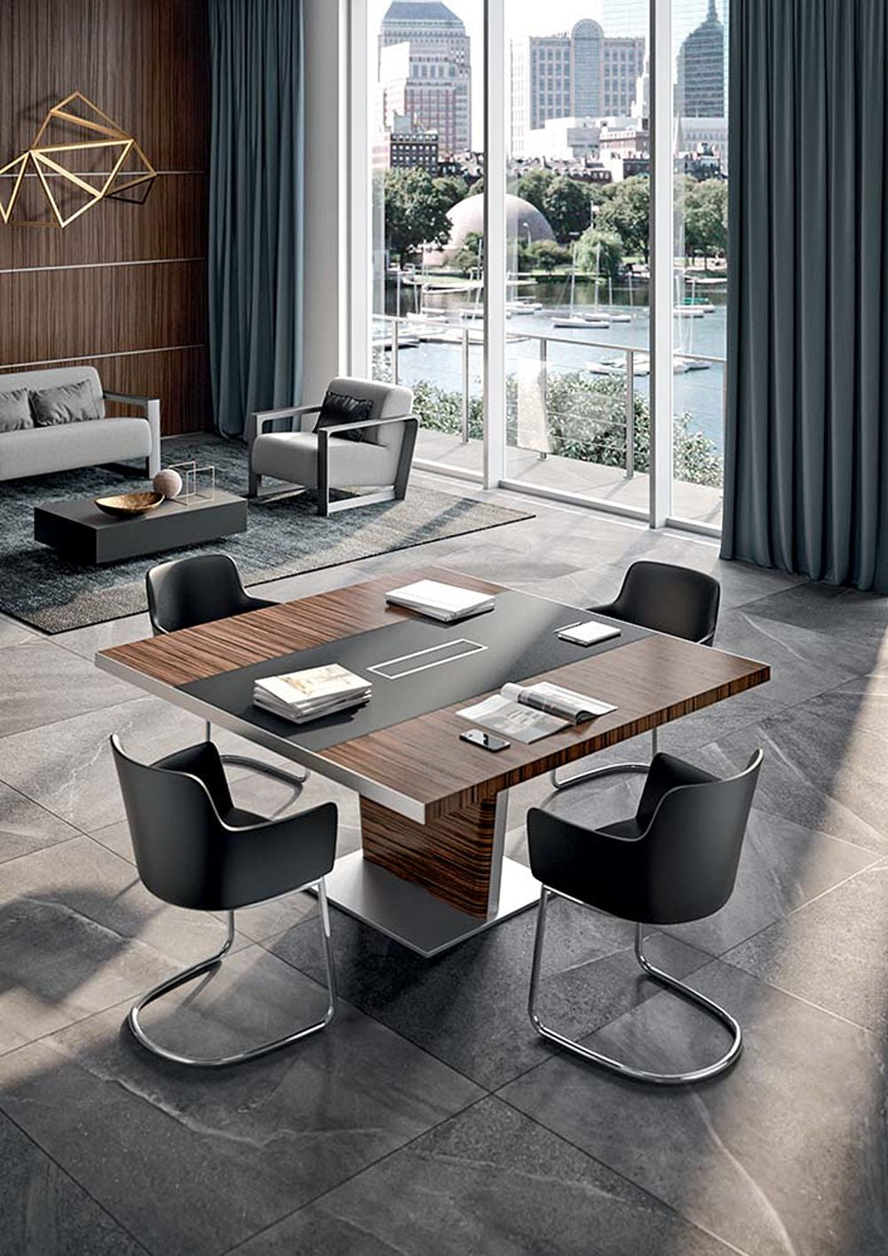 X10 Square Top Meeting Table with Sled Base Chair and Sofa in Lounge Setting