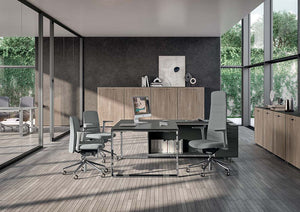 X7 Executive Table with Ergonomic Chair and Wooden Cupboard in Modern Office Setting