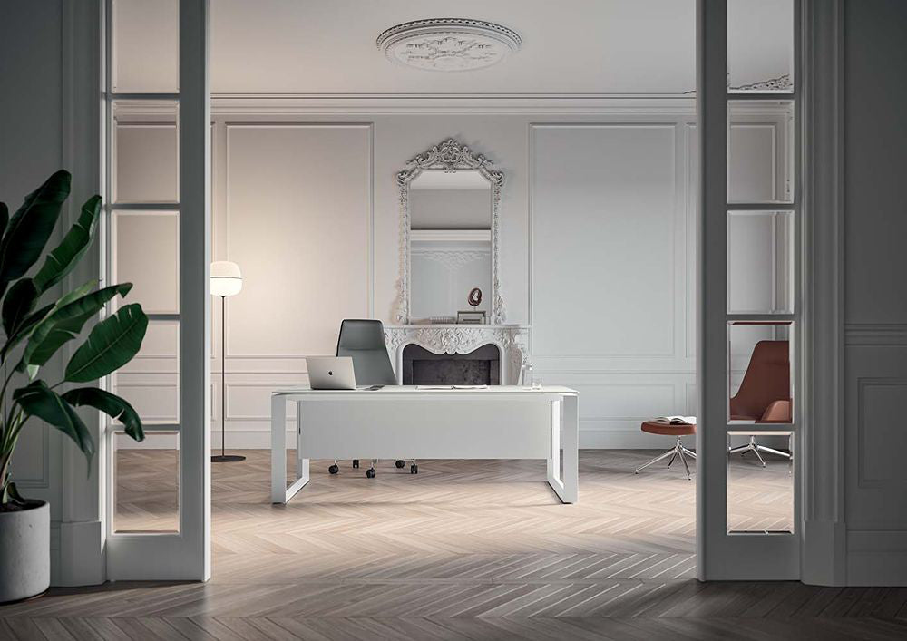 X7 Executive Table with High Back Chair and Floor Lamp in Modern Office Setting