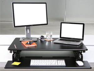 Yo Yo Desk 90 Sit Stand Solution Black 6 With Monitor And Laptop On Top