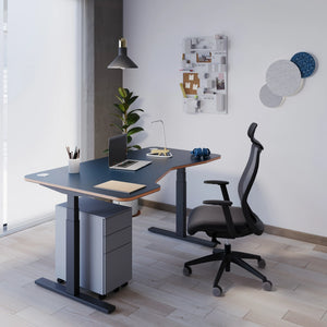 Zoom K Top Sit-Stand Desk with Light Grey Pedestal and Mesh Back Armchair with Headrest in Home Office Setting